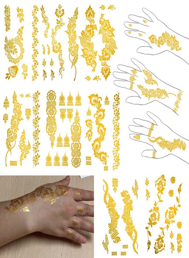 Roarhowl Metallic Gold Temporary Tattoostattoos for women and Girls, gold glitter tattoos,Floral Style Body Art Stickers, 8 Large Sheets tattoos for women Girls (Colorful gold glitter-1) - Image 1